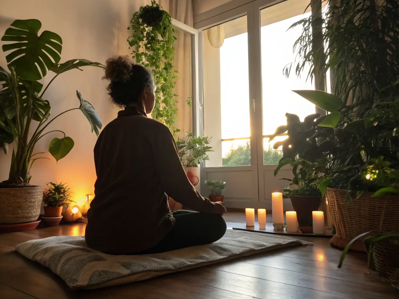 A person meditating in a business setting, representing the personal development and mindfulness aspects of QuantumUKUno's coaching approach.
