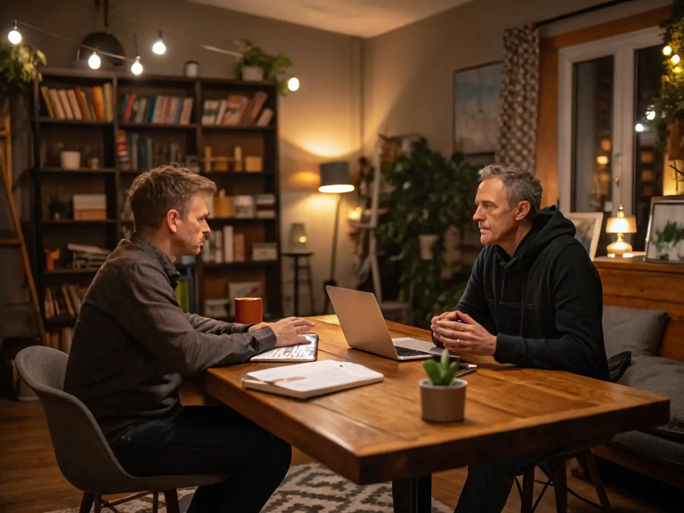 An image of a business coach guiding a client through a strategic planning session with visual quantum-inspired graphics overlaying the scene.