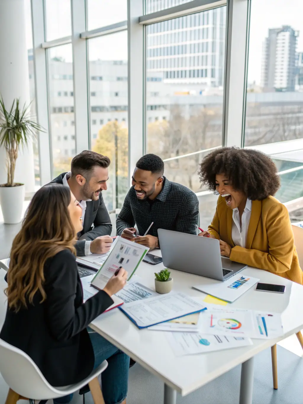 A diverse team of professionals collaborating around a table, brainstorming ideas and discussing business strategies, symbolizing team performance coaching.