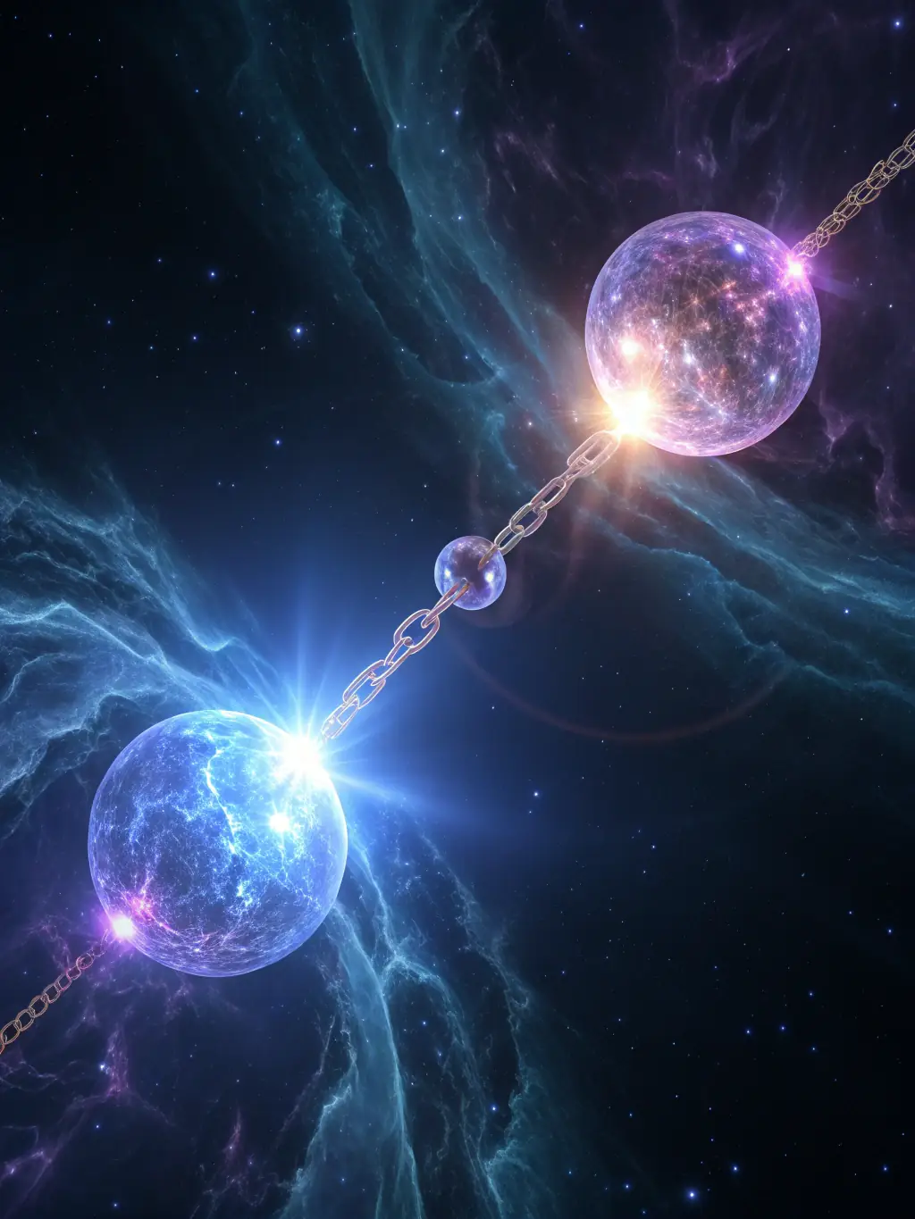 An abstract image representing quantum physics principles, such as superposition and entanglement, applied to business innovation and problem-solving.